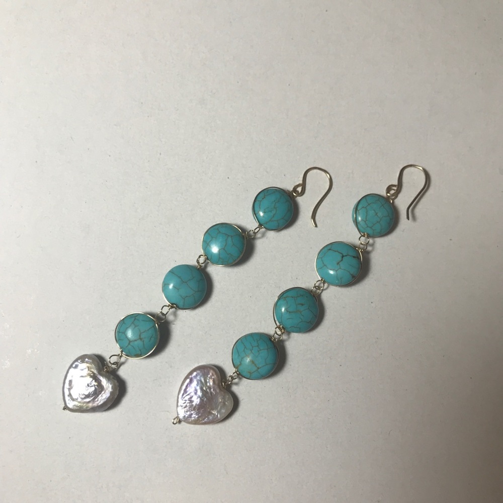 Turquoise and Perl Dangling Earrings Gold Filled - Picture 1 of 6